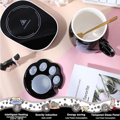 Honeydak Coffee Mug Warmer Cute Cat Mug Set Cup Warmer for Women Heated Coffee Warmers for Mom Home Office Desk Valentine's Day Anniversary Birthday Gifts(Cat,Black)