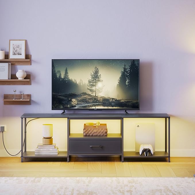 JARHETUN TV Stand with LED Lights, Entertainment Center with Open Shelves and