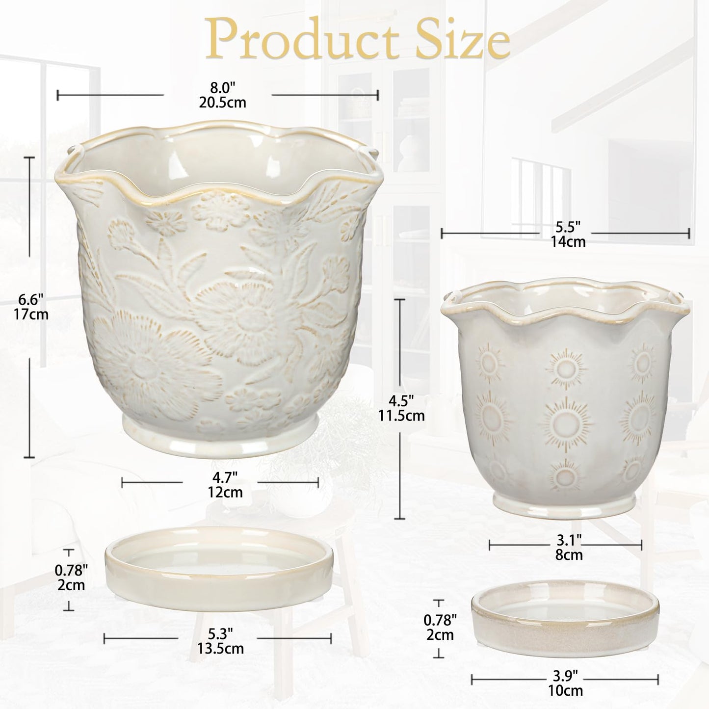 Set of 2 Ceramic Flower Pots, 8" & 5.5" Plant Pots Indoor with Drainage Hole and Saucers, Large Embossed Sunflower Planter Pot, Decorative Scalloped Rim Ceramic Pots for Plants Orchid Snake Outdoor