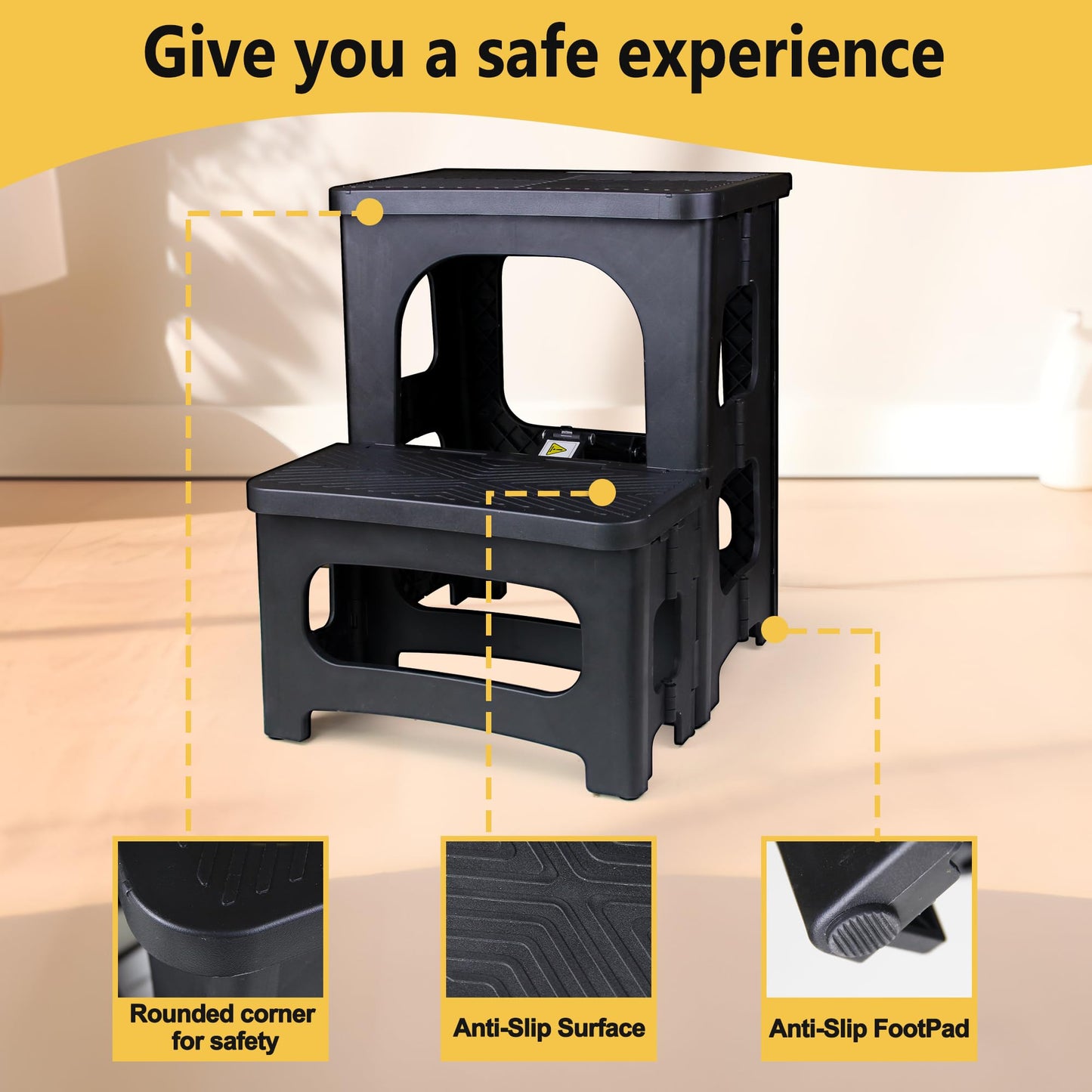 AMOISE Amoise Folding 2-Step Stool, Non-Slip Portable Footstool 8'' & 17'' Dual Heights, Holds 300 lbs, Portable Footstool for Kitchen Home Toilet Bedroom Office Bathroom RV(Black)