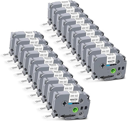 20 Pack Tz-231 12mm 0.47 Laminated White Tze Label Tape Compatible for Brother Tze-231 Refill Work for Ptouch Label Maker PTD220 PTH111 PTD210 PTH110 PTD600 PTD200 PTD410, Black on White, 1/2' x 26.2'