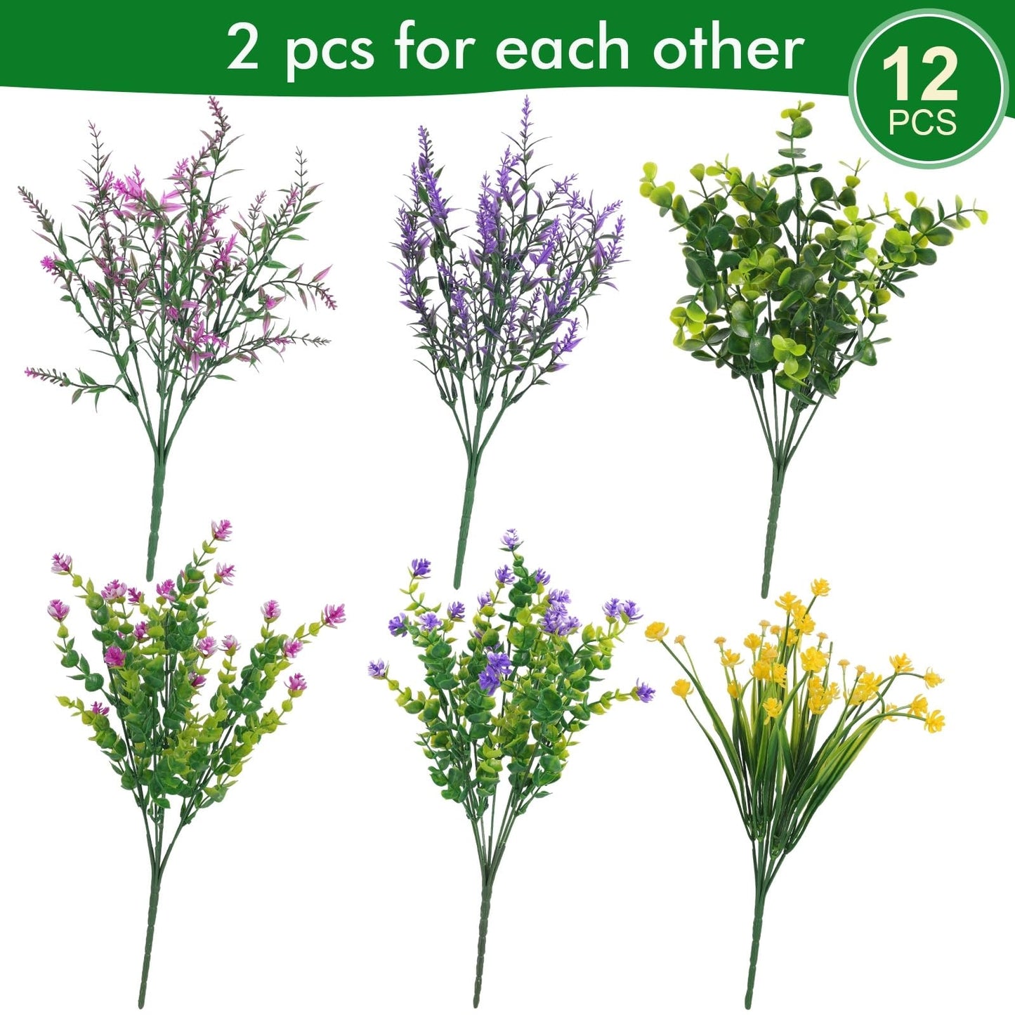 Hananona 12 Pcs Artificial Flowers Outdoor, Faux Artificial Plants UV Resistant Plastic Flower Bulk for Hanging Planter Porch Window Home Wedding Fall Summer Decor (12, Fuchsia, Purple, Yellow, Green)