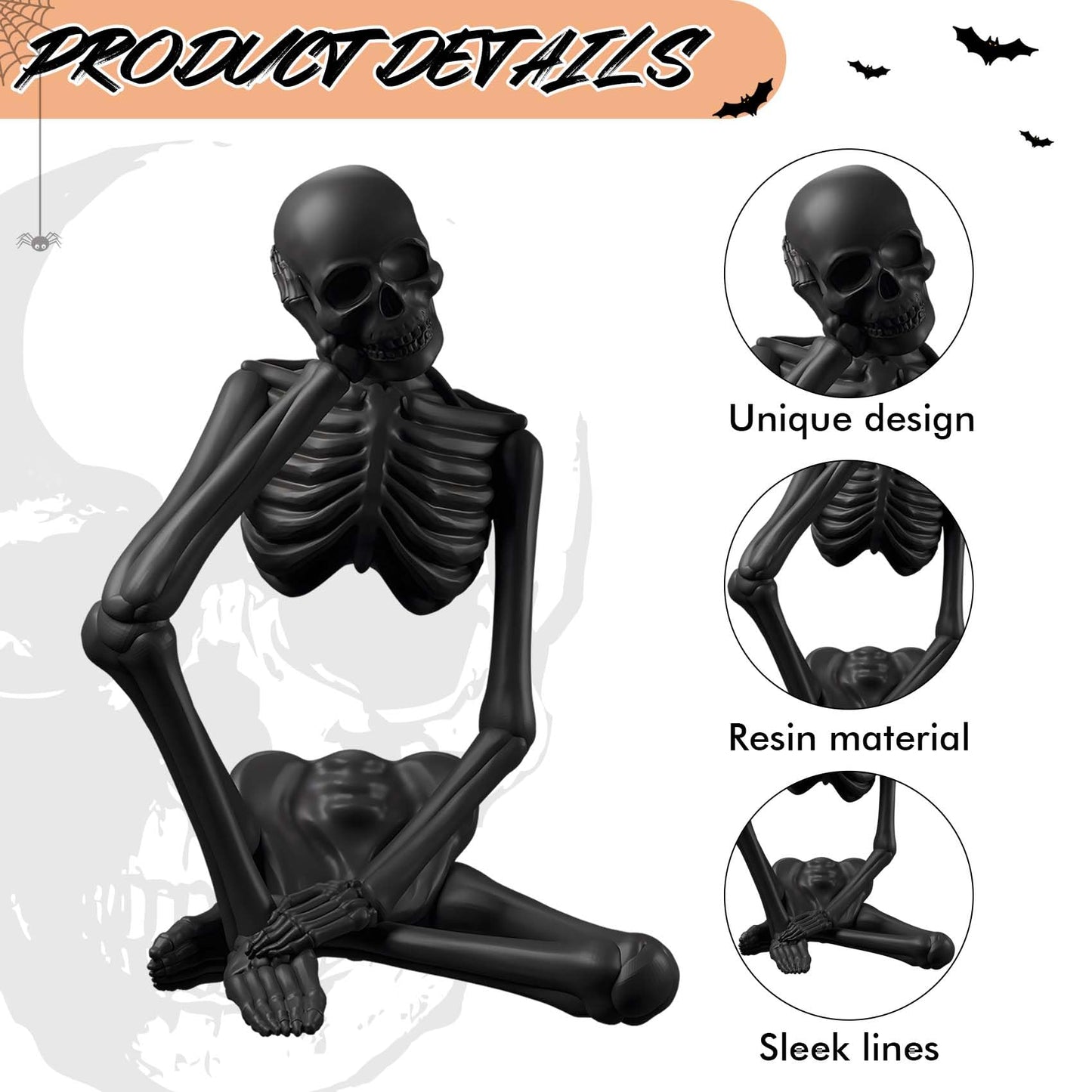 Loyzcy Thinker Statue Decor, Resin Sculptures Whimsical Home Decor, Black Skeleton Skull Abstract Aesthetic, Collectible Figurines for Table Office Shelf Decor