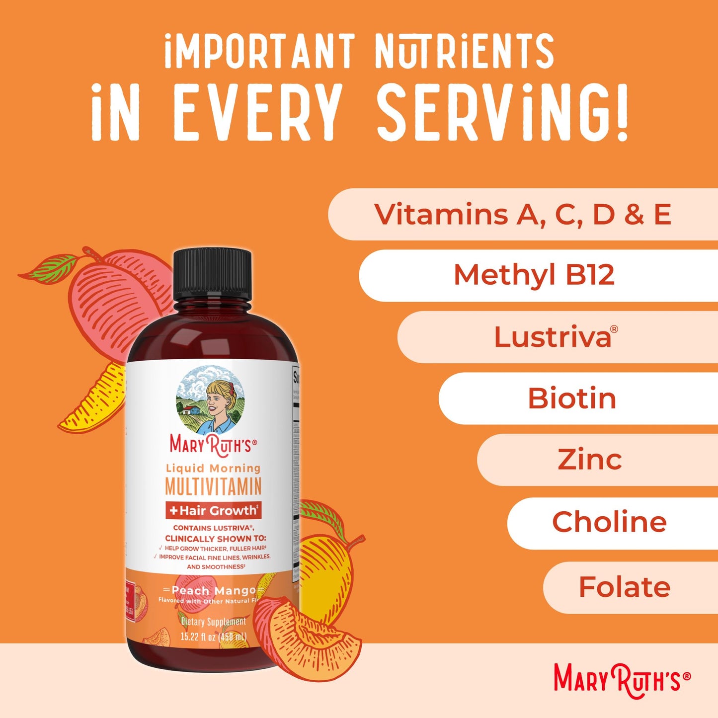 MaryRuth's Liquid Multivitamin + Hair Growth | Biotin 10000mcg | Lustriva Hair Growth Supplement | Clinically Tested in Women for Thicker Hair & Facial Wrinkles | Skin Care | Ages 18+ | 15.22 Fl Oz
