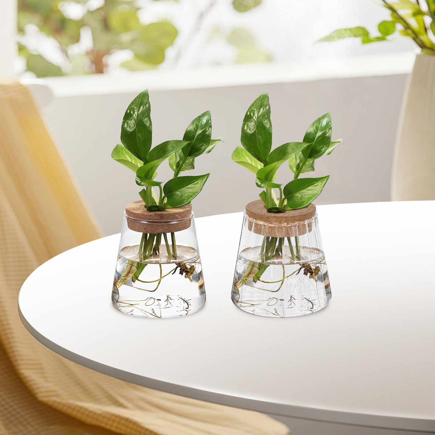 Toyvian 3pcs Hydroponic Plant Vases with Smooth, Hammered, and Vertical Textured Volcanic Glass and Wooden Stoppers for Indoor Propagation, Desktop Terrarium, and Office Plant Accessories