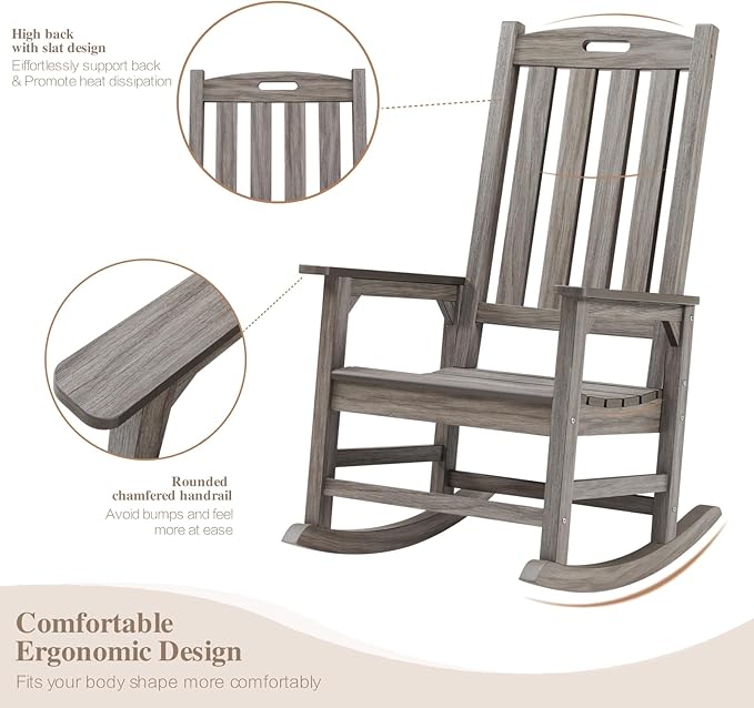 Psilvam Outdoor Rocking Chair, Poly Lumber Oversized Rocking Chair