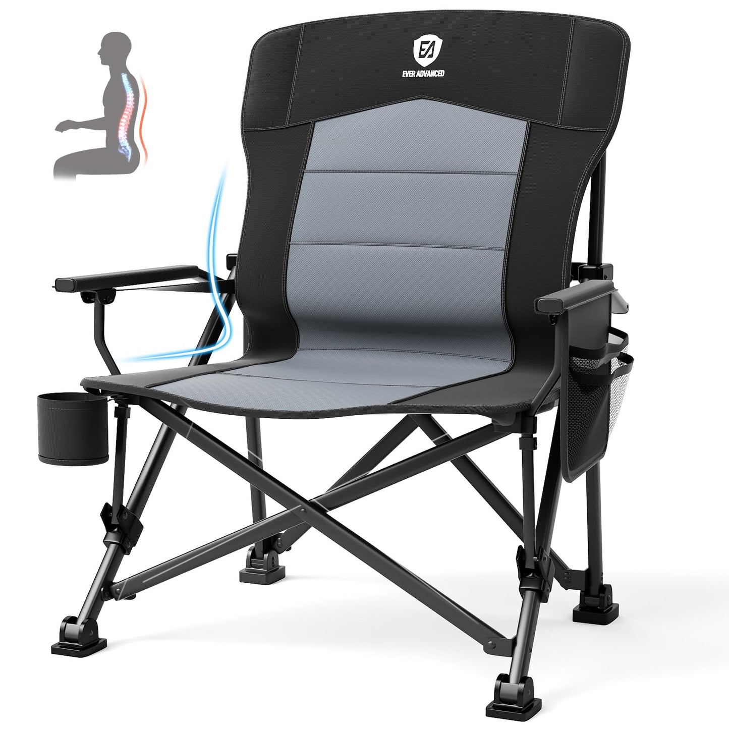EVER ADVANCED Oversized Folding Camping Chair for Adults with Adjustable Lumbar Support, Heavy Duty Chair with Side Pockets, Portable Collapsible Quad Chair for Outside, Support Up to 500lbs,Black