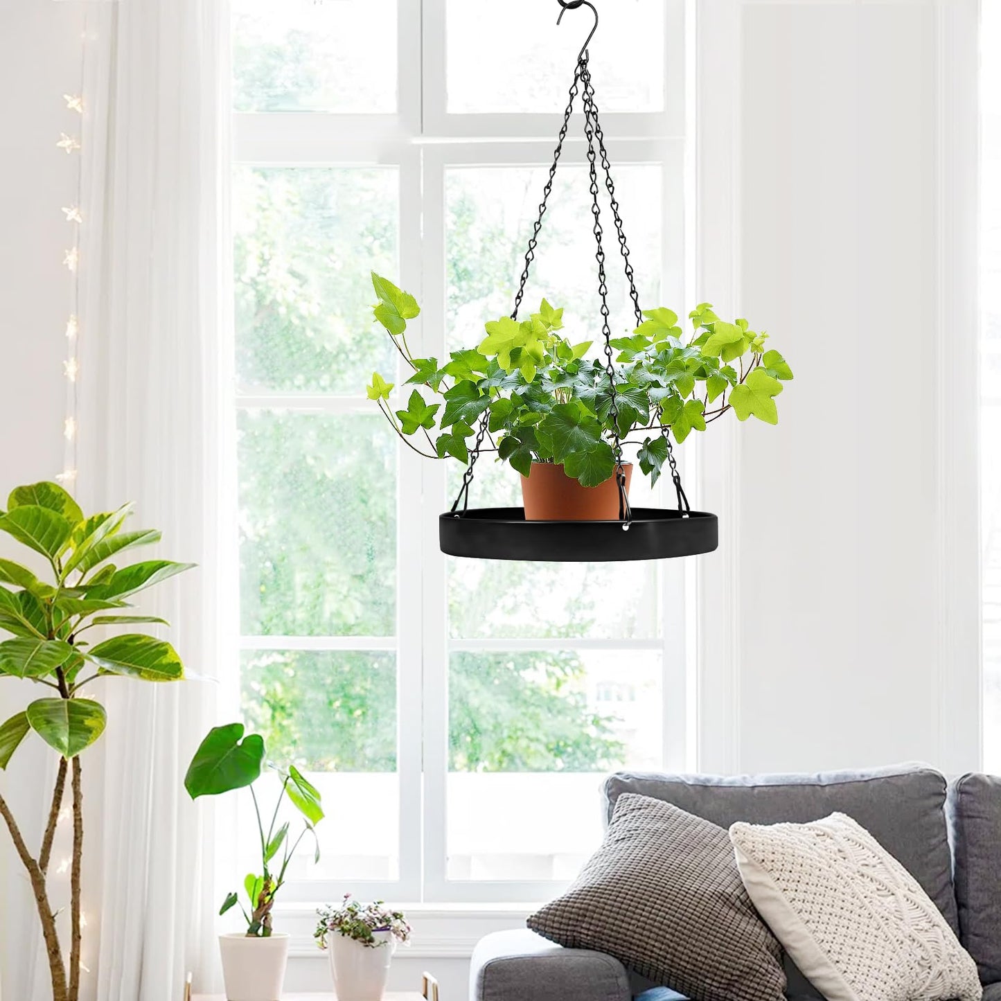 PIKAMAO Plant Hanger Indoor Outdoor, Hanging Planter Baskets for Outdoor Indoor Plants, Hanging Plant Holder Tray for Plants, Metal Window Plant Hanger, Black Hanging Plant Shelf, 2 Pack
