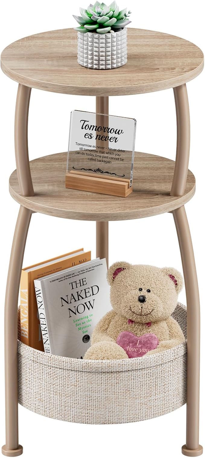 Small Side Table with Storage Basket, Space Saving Round End Table 3-Tier