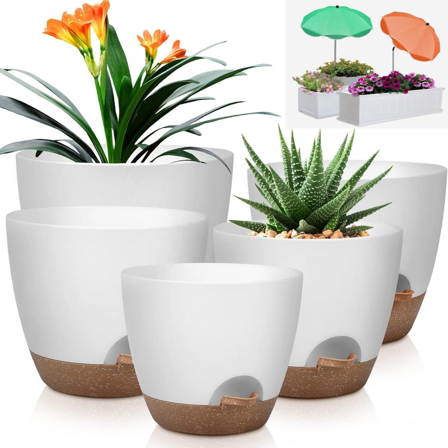 QRRICA 10/9/8/7.5/7 Inch Self Watering Pots and 2 Pack 23.6 Inch Plant Umbrellas for Outdoor Plants