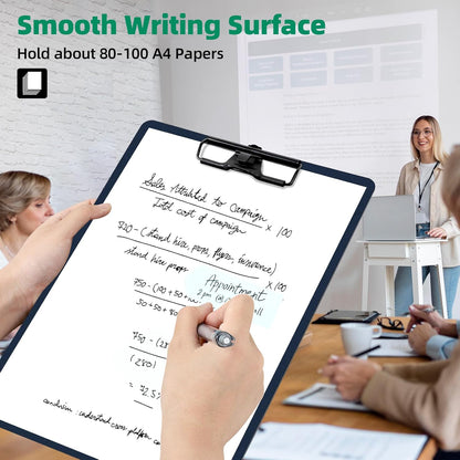 Clipboard with Pen Holder, Plastic Clipboard with Low Profile Metal Clip, Hanging Clip Boards Holds 8.5x11 Inch Papers, Standard A4 Letter Size Clip Boards for Offices & School, Blue