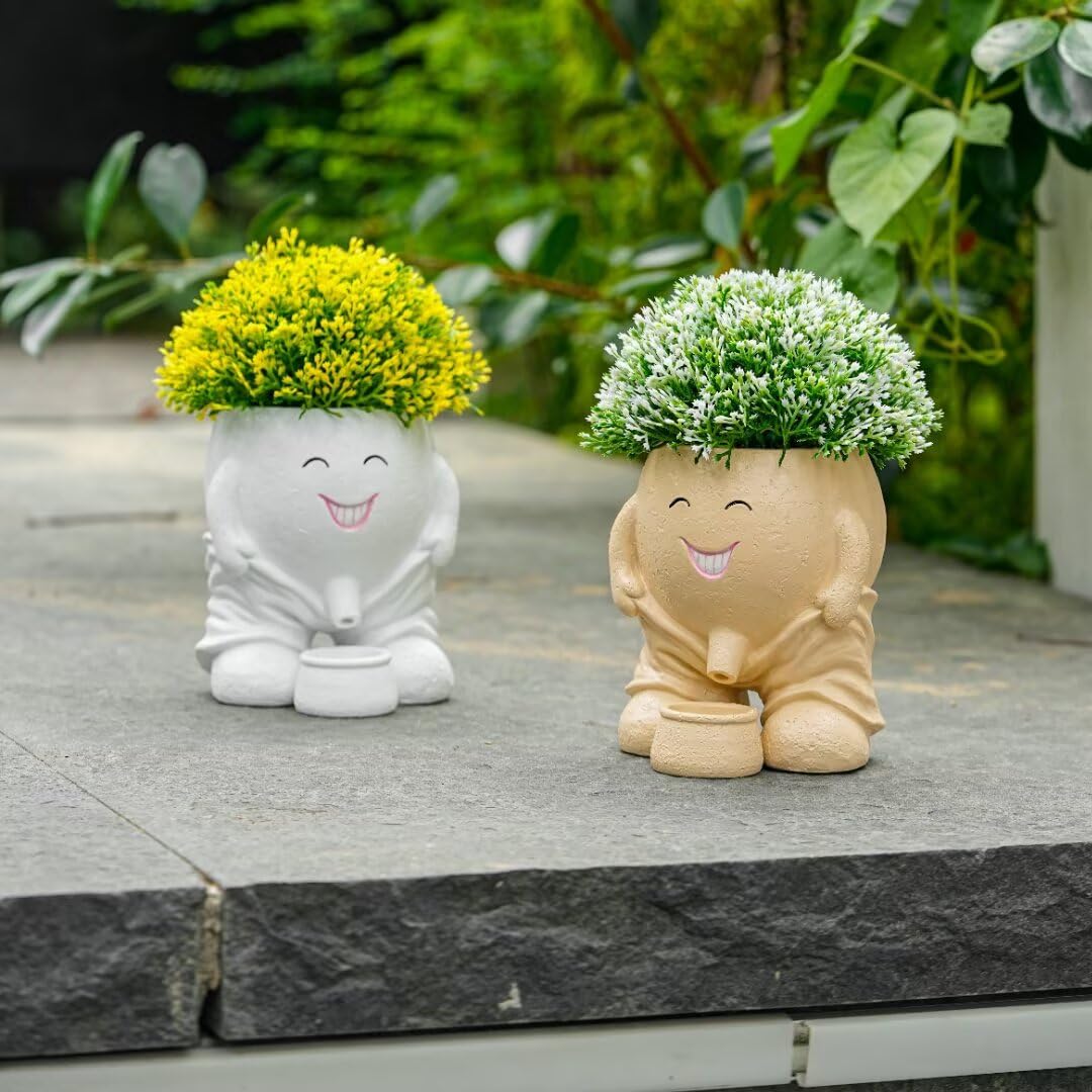 Smily Face Planter Pots, Cute Resin Flower Head Succulent Planters for Indoor Outdoor Plants with Drainage Hole, Novelty Cute Cactus Face Pots Funny Office Desk Plant Pots Gift