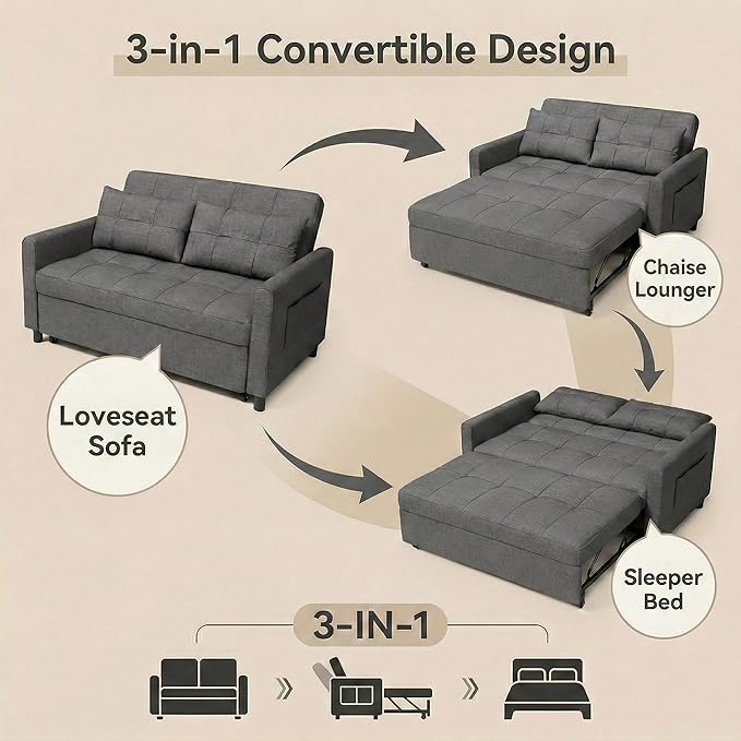 Gizoon 3-in-1 Convertible Loveseat Sleeper Couch Bed, 71.7" Extended Pull Out