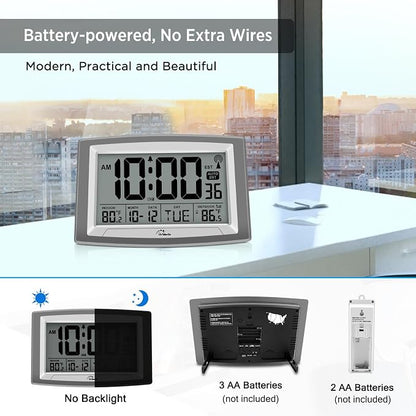 WallarGe Atomic Clock with Outdoor and Indoor Temperature - 12.5 Inch Self-Setting Digital Clock Large Display, Battery Operated Wall Clocks or Desk Clocks for Bedroom, Livingroom, Office