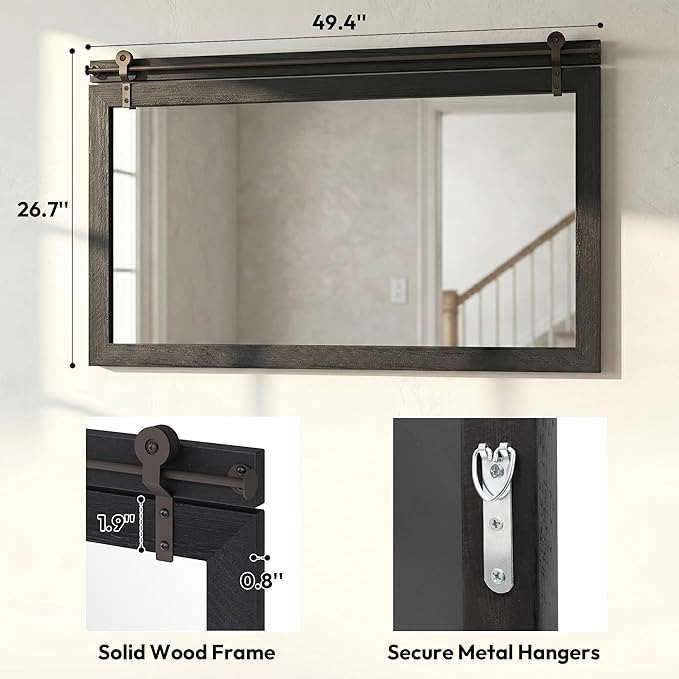 27"x49" Large Black Barn Door Mirror, Solid Wood Framed Accent Wall Mirror