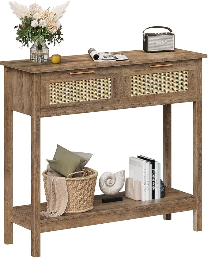 Trironsun Farmhouse Rattan Console Table