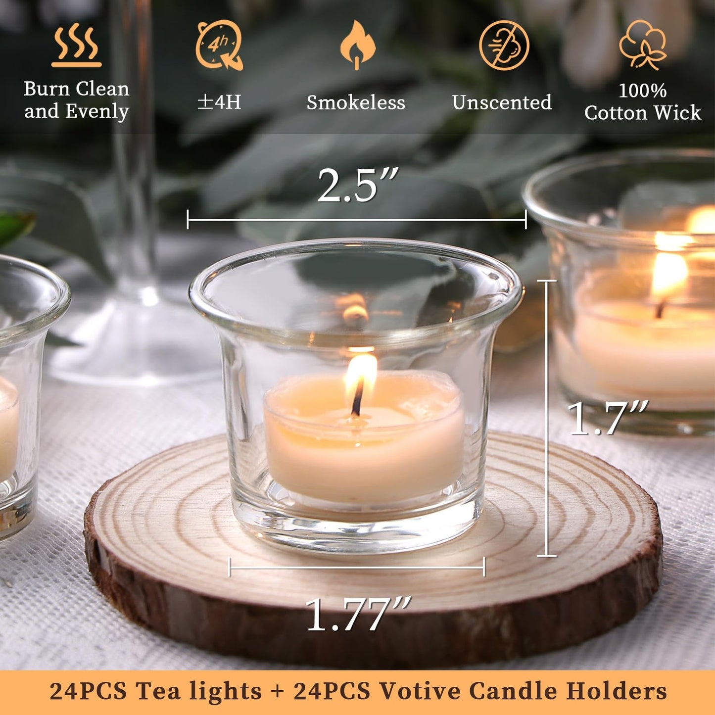 LETINE 24pcs Clear Tealight Candle Holder & 24pcs White, Smokeless, Unscented Soy Wax Tea Candles - Votive Candle Holders, Tea Lights Candles for for Spring Decorations,Weddings Decor