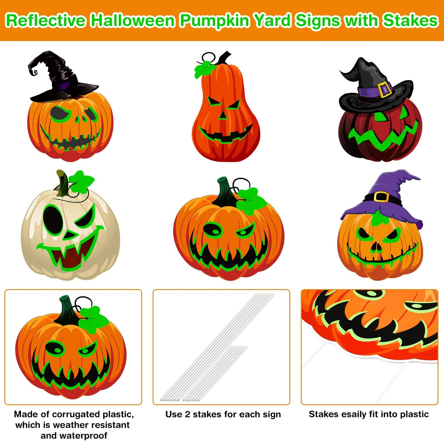 Soaoo 6 Pack 16 Inch Halloween Decoration Outdoor Fluorescence Halloween Pumpkin Yard Signs with Stakes Spooky Faces and Witch's Hat Lawn Signs Scary Front Yard Decor for Holiday Party Decor