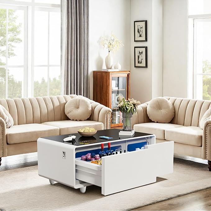 Smart Coffee Table with Fridge and Bluetooth, Smart Living Room Table with Frozen Drawers, Dual Speakers, 15W Wireless Charger, Touch Control, USB Ports, Atmosphere Light, LT90 Ultra-White