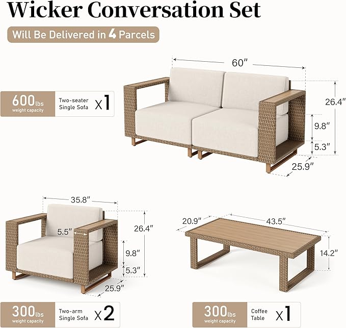 SUNSHINE VALLEY 4 Pieces Patio Furniture Set, Outdoor Rattan Wicker