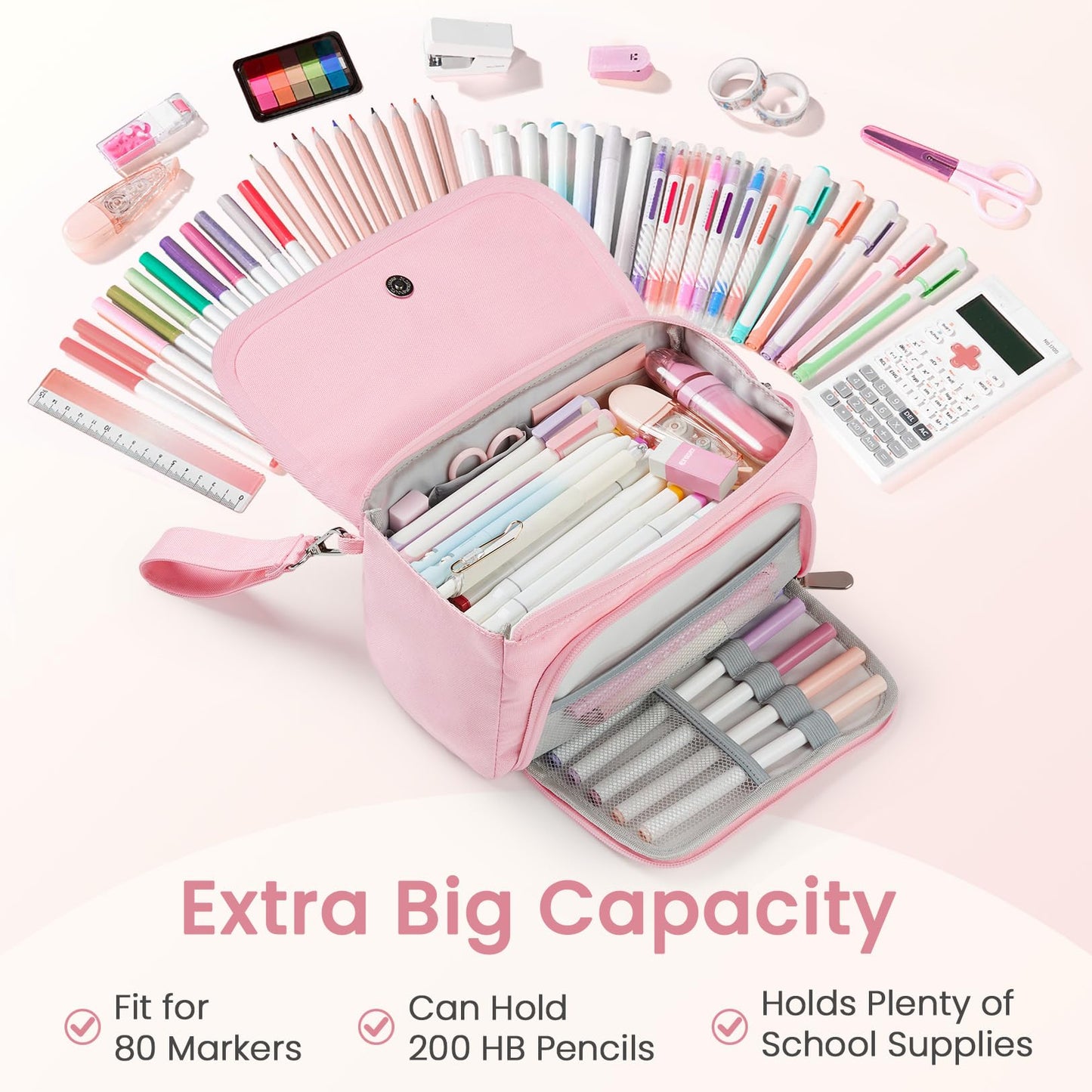 Sooez Super Large Pencil Case, Big Capacity Pencil Bag with 3 Compartments, can hold 100 pencils,Cute Pencil Pouch with Zipper,Portable Stationery Pen Bag,Aesthetic School Supplies For Girls,Haze Blue