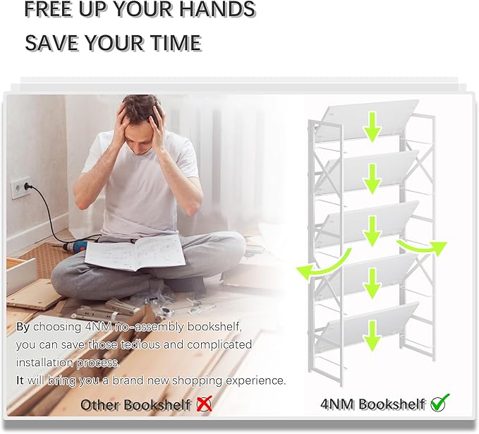4NM 6 Tiers No Assembly Book Shelves, 61.8" H Folding Bookshelf Bookcase Open