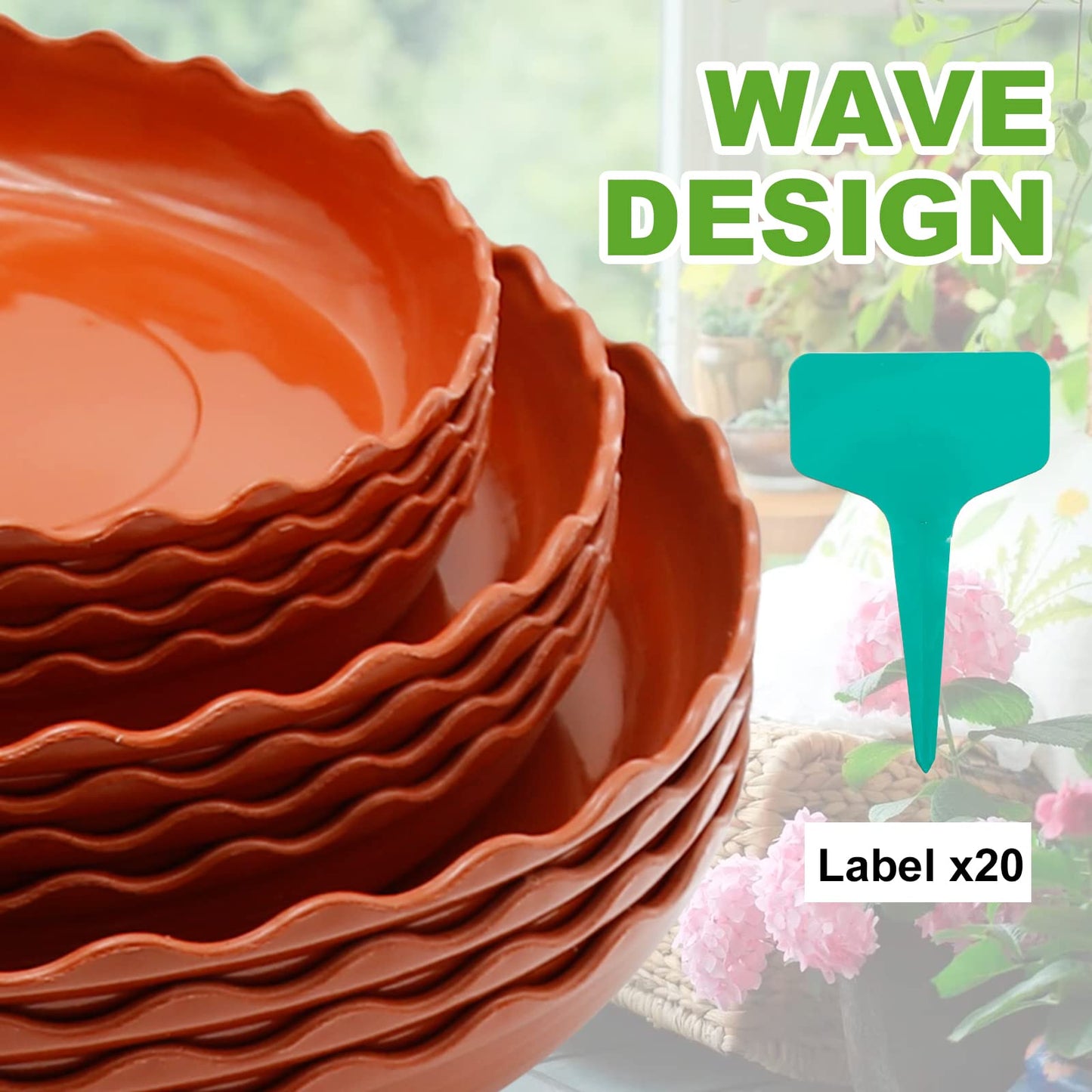 Aynaxcol 12 Pack White Plant Trays 3 Sizes Plastic Round Wave Plant Saucer Flower Plant Pot Saucer Terracotta Drip Trays for Indoor Outdoor Flower Pots and Planters, with 20pcs Green Plant Labels