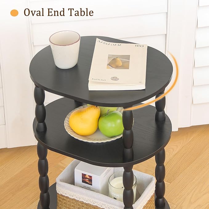 MaxSmeo Black Side Table with Charging Station, 3-Tier Small Oval End Table