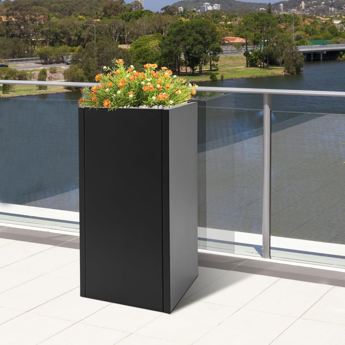 Yellulu Planter Box with Removable Insert Shelf | Rectangular Modern Metal Planter Box|Indoor Outdoor Cube Steel Flower Pot | for Patio, Deck, Yard, Garden (Black, 14" L x14 W x 30" H)