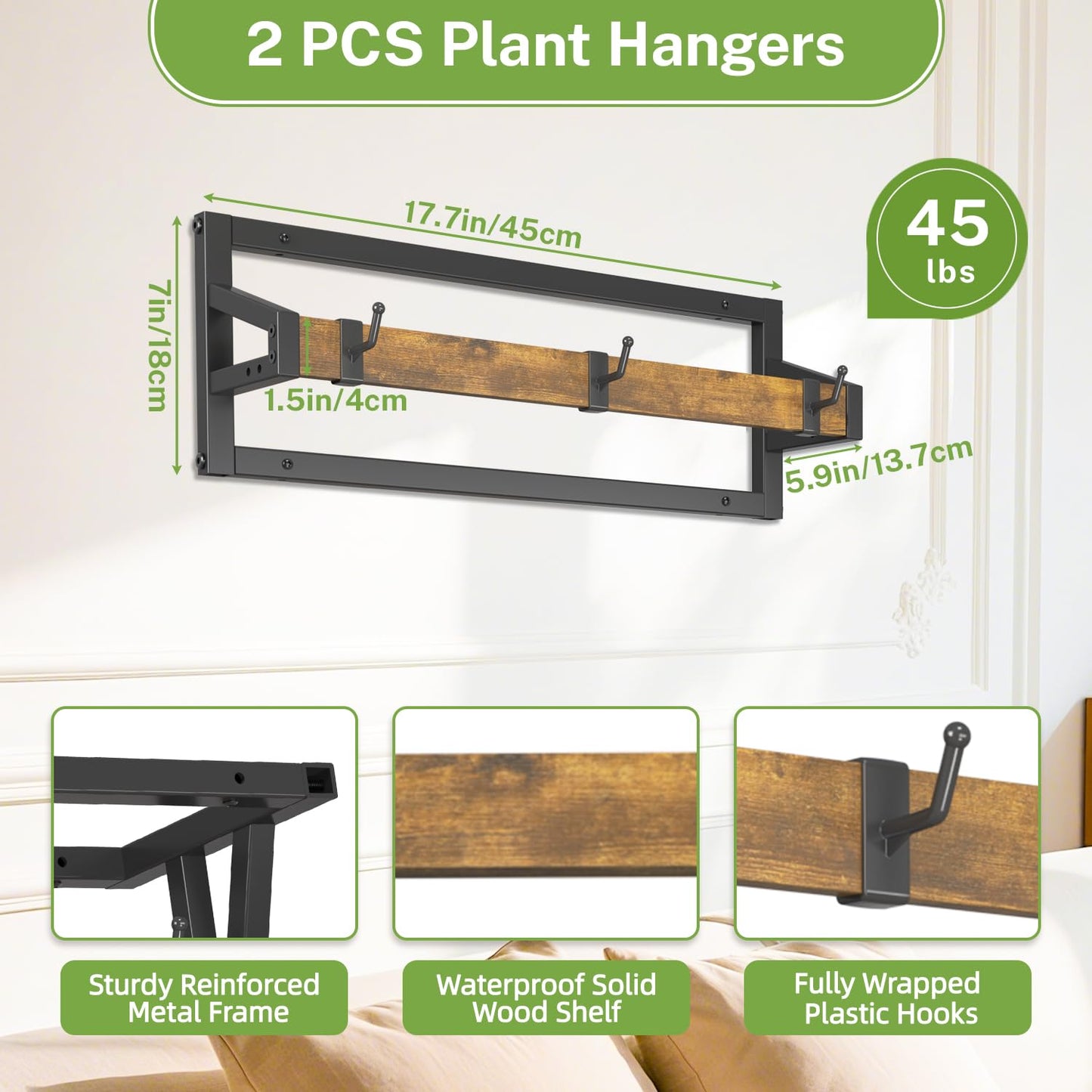 iDavosic.ly Plant Hanger Indoor Set of 2 for Wall & Ceiling, Metal and Wood Hanging Rod with 6 Hooks, Floating Flower Display Shelf for Window, Space Saving (Pots/Chains/Plants Not Included)