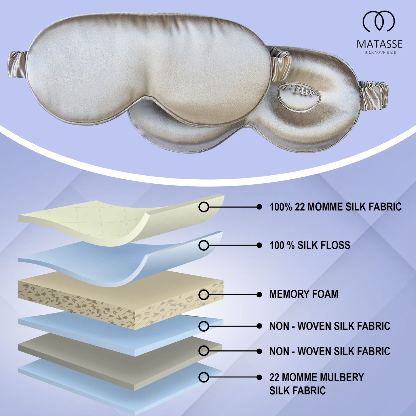 MATASSE Silk Eye Mask for Sleeping with Adjustable Elastic Band - 3D Contoured, Eye Cover Sleep Mask w/Genuine Mulberry Silk Including The Strap for Women, Men (Black)