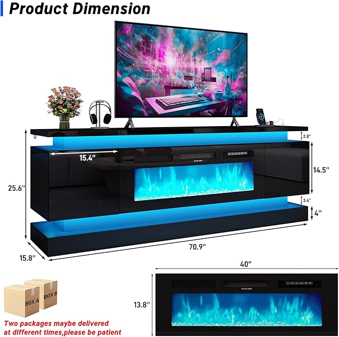 chartustriable 71IN LED TV Stands w/40 inch Fireplace Power Outlet