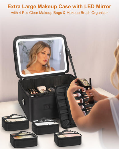 Relavel Travel Makeup Bag With LED Mirror, Cosmetic Train Case with Light up Mirror, Portable Makeup Artist Organizer Bag with Adjustable Dividers, Makeup Brush Holder Storage, Black
