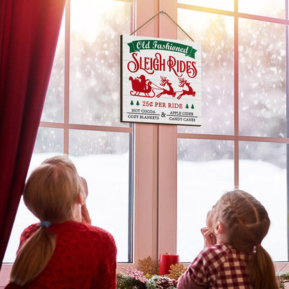 Pinkunn 4 Pieces Christmas Hanging Wooden Sign Christmas Wall Decorations Farm Fresh Hot Cocoa Candy Canes Sleigh Rides Deer Truck Decor Xmas Farmhouse Hanging Plaque for Home Porch Holiday