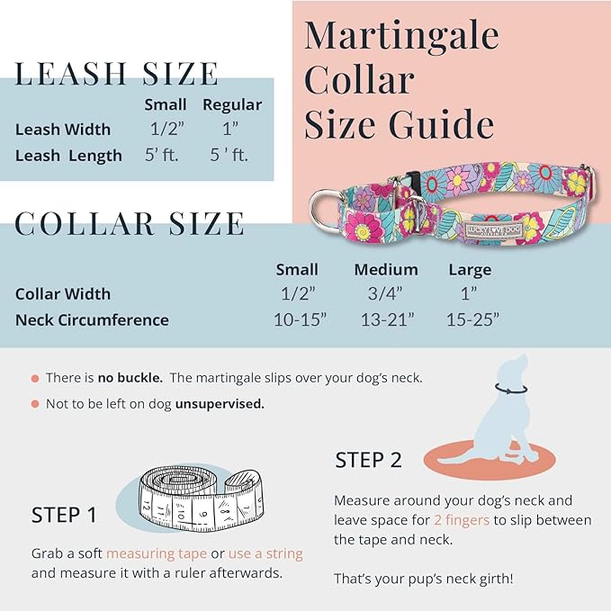 Lucky Love Dog Martingale Dog Collar - Adjustable, No-Slip, Durable, & Soft Webbing Collar for Male and Female Dogs Ideal for Training & Walking - Hippie, Medium