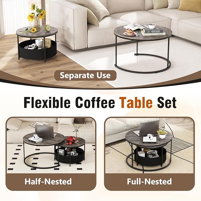 Tangkula Round Nesting Coffee Table Set of 2, Wooden Center End Table