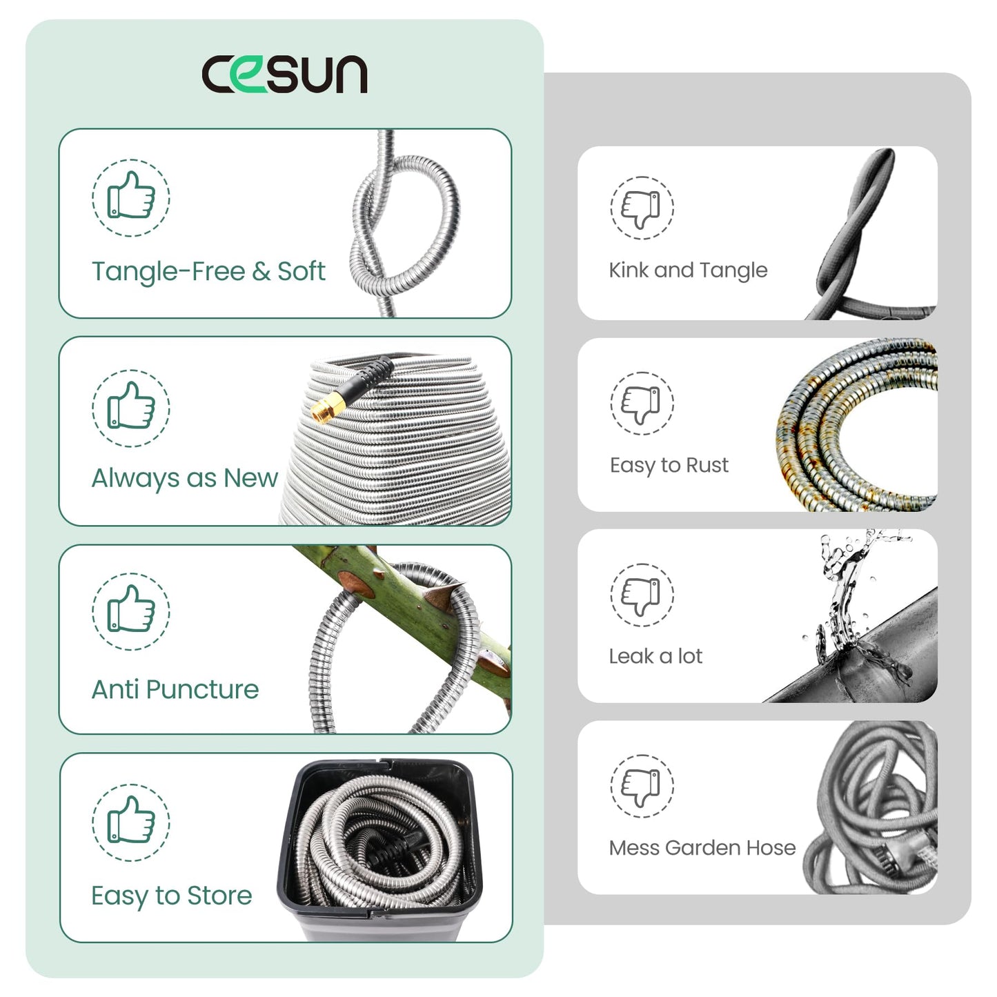 Cesun Short Garden Hose 3 feet, Metal Leader Water Hose, Heavy Duty and Lightweight Stainless Steel Water Pipe for RV, Outdoor, Yard, Lawn, 3ft x 5/8", Female to Male