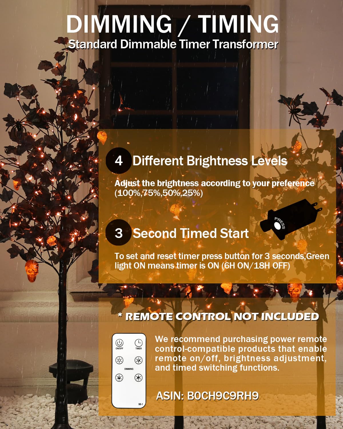 TYBEEU Halloween Decor Set – 4ft, 5ft & 6ft Black Maple Trees with 384 LED Lights, 24 Skull Lights & Spiders, Dimmable Timer, 16ft Cord, Indoor & Outdoor Decoration
