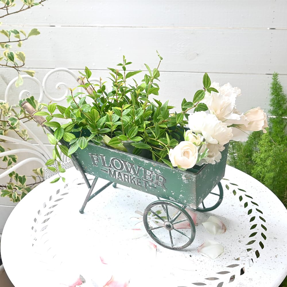 Z² BellaDecor 15 Inch Farmhouse Small Flower Cart with Wooden Handles Metal Wagon Planters for Outdoor Plants Decorative Wheelbarrow Plant Cart for Patio Garden Balcony Green