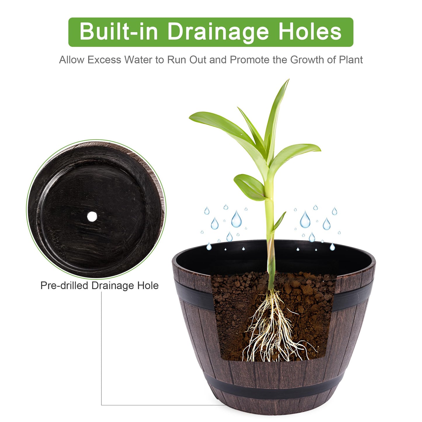 VECELO Plant Pots with Drainage Holes & Saucer, 13 Inch Flower Pots with Tray, 3 Pack Plastic Whiskey Barrel Planters for Indoor & Outdoor Garden Home Plants and Flowers