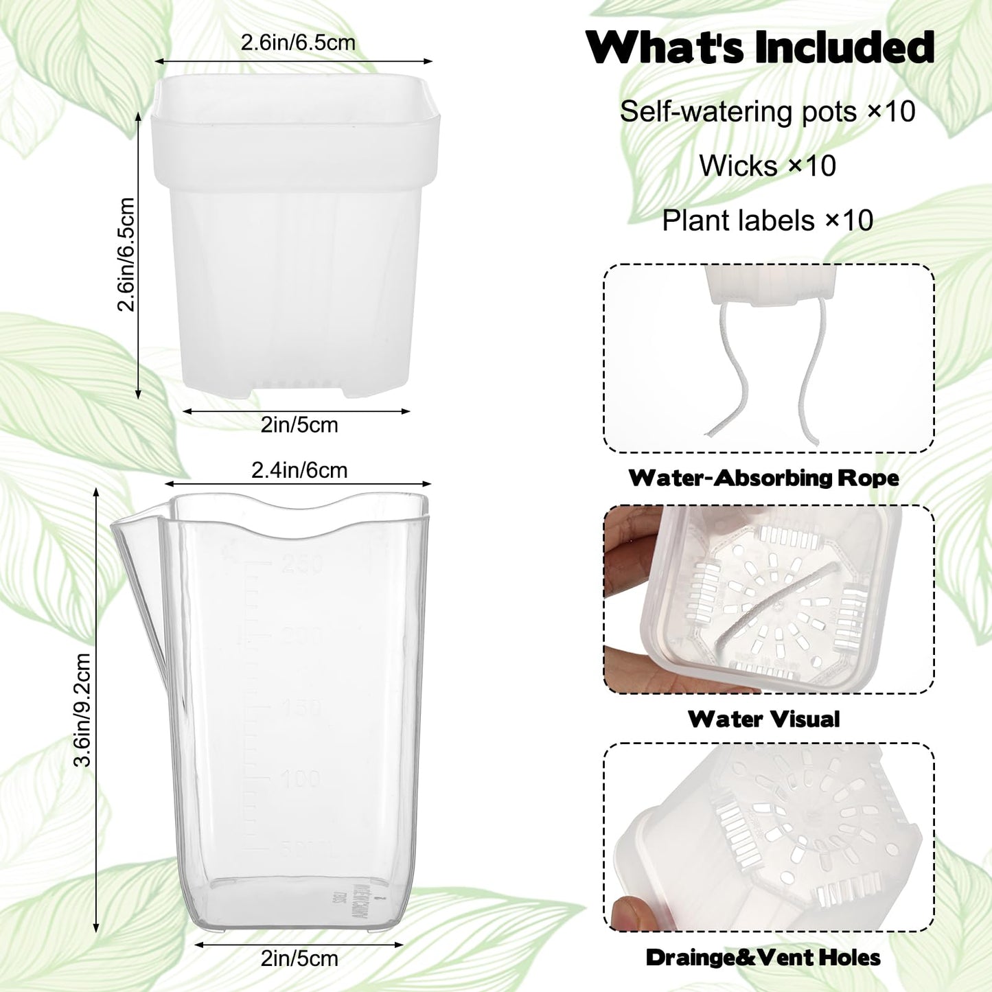 KKONHII 10 Pack 2.52" Small Self Watering Pots for Indoor Plants, Clear Plastic Planters with 10 Plant Label and Water Level Indicator Drainage Hole for Succulents, Propagation, African Violet