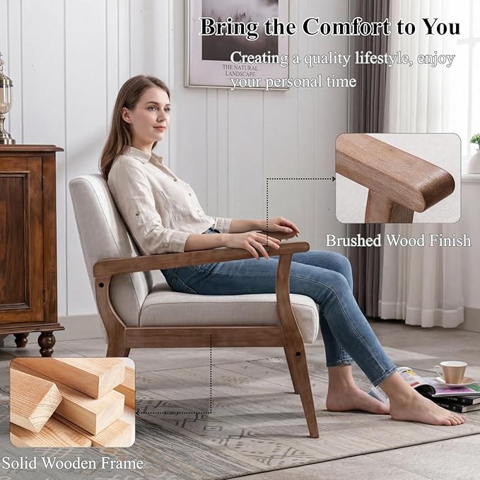 BESTANO Accent Chair Mid Century Modern Armchair, Linen Upholstered Living Room