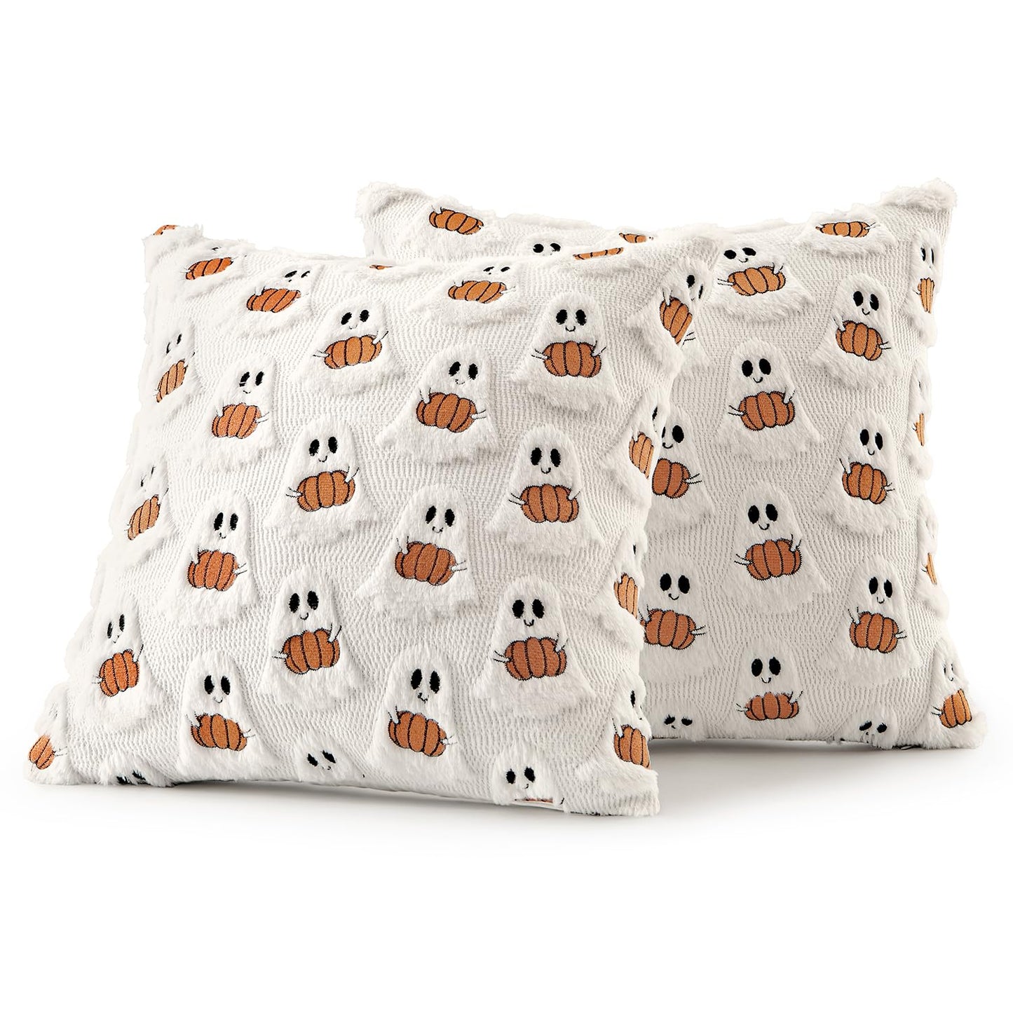 MIULEE Halloween Pillow Covers Decorative Fall Cute Ghost Plush Faux Fur Pillows 20x20 Inch Set of 2 Soft Pumpkin Accents for Sofa Couch Bed Living Room Festive Home Decor, White Rust