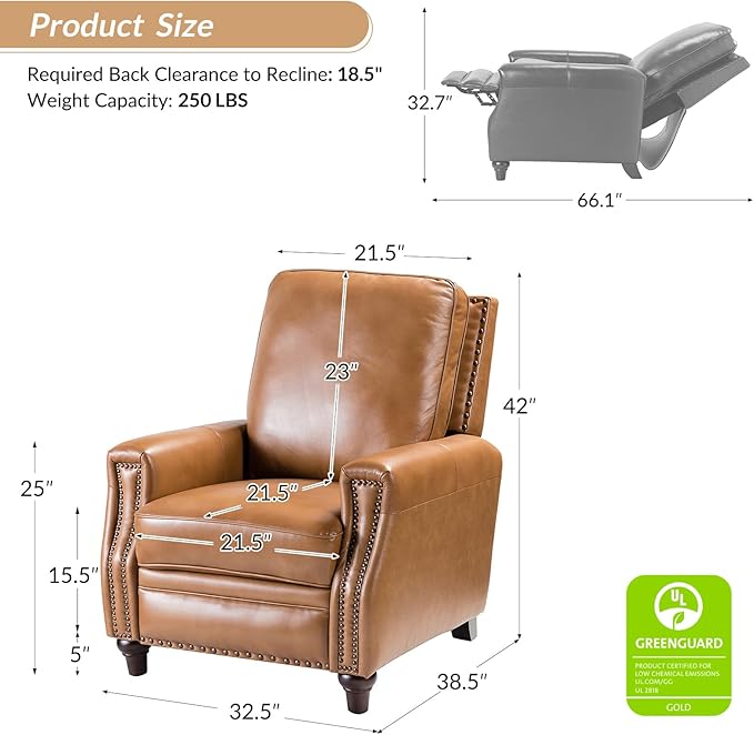 HULALA HOME Genuine Leather Manual Recliner Chairs Set of 2