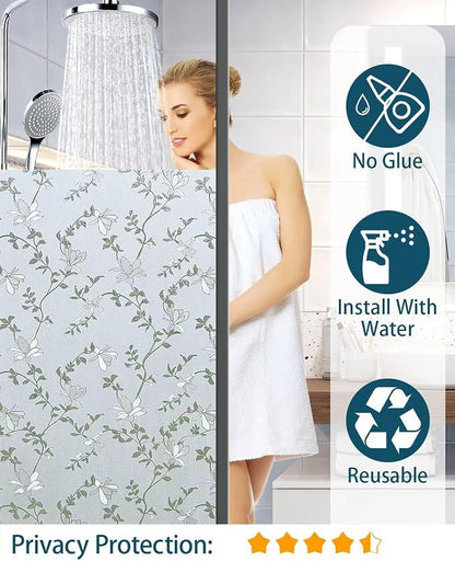 Frosted Glass Window Film with Elegant Flower Design, Bathroom Window Privacy Film for Glass Windows Cover, Static Cling, Removable, Reusable, Anti-UV, Anti-Glare, 35.4 Inch * 157.4 Inch