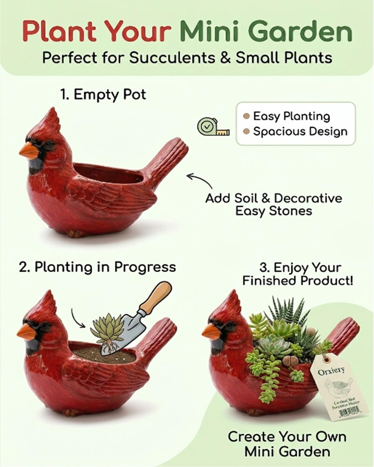 Orxiery Cardinal Bird Succulent Planter, Red Resin Decorative Flower Pot for Indoor Plants, Small Bird Planter for Desk Windowsill Garden Decor, Unique Gift(Hummingbird)