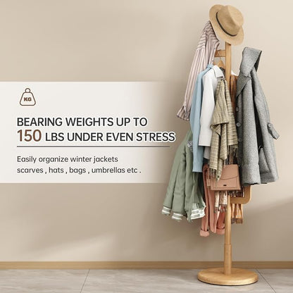 Muwuele Solid Wood Cactus Coat Rack, Freestanding Coat Rack With 6 L-Shaped Hooks and 3 Adjustable Sizes, Coat Tree for Bedroom, Entryway, Livingroom, Coat Hanger Stand for Coats, Handbags (Natural)