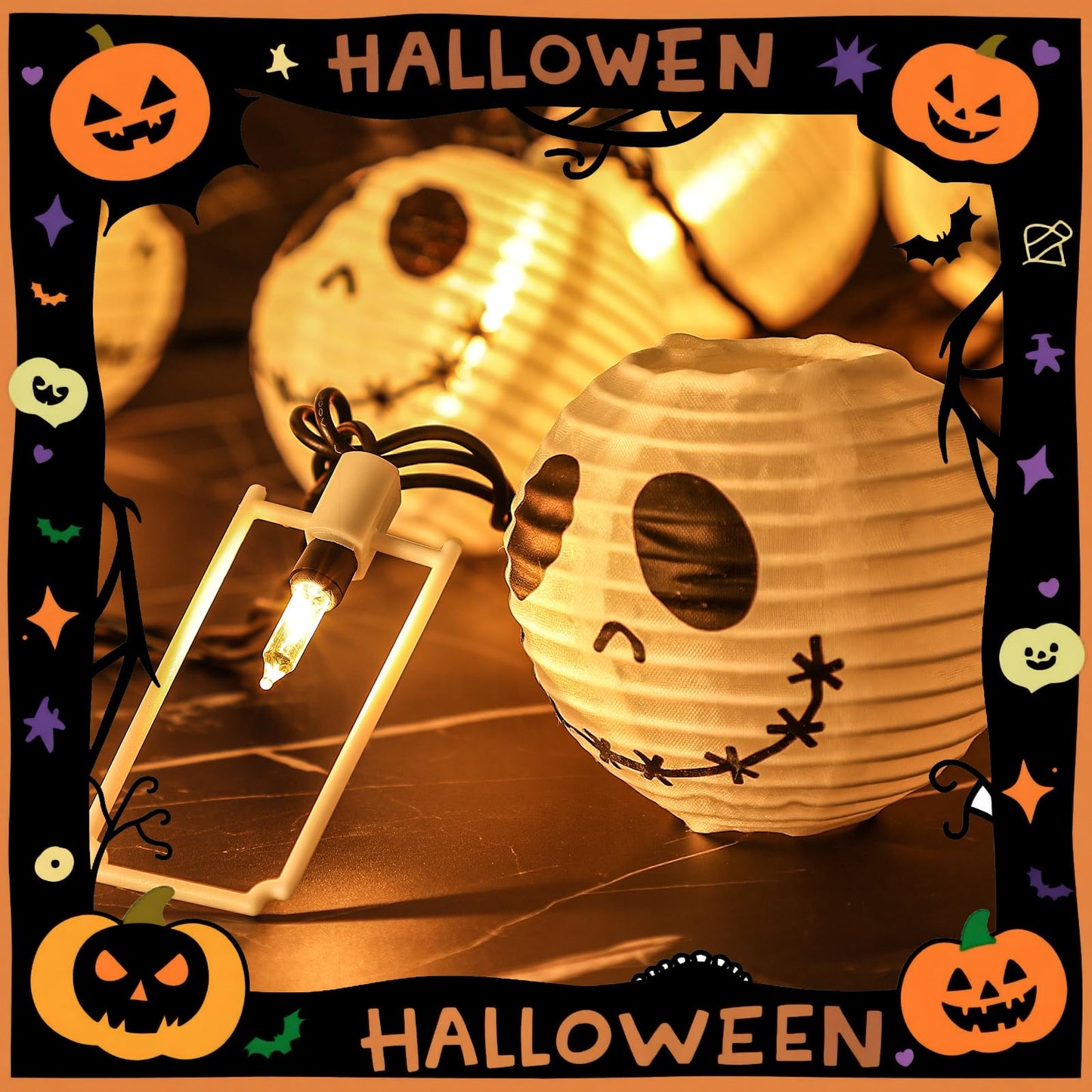 Brillarlights Halloween Decorations Ghost Lantern String Lights Plug in, 10 Pack Ghost Jack Skellington White Lantern Lights with Black Cord, Spooky Lights Outdoor for Halloween Spooky Mantel Decor