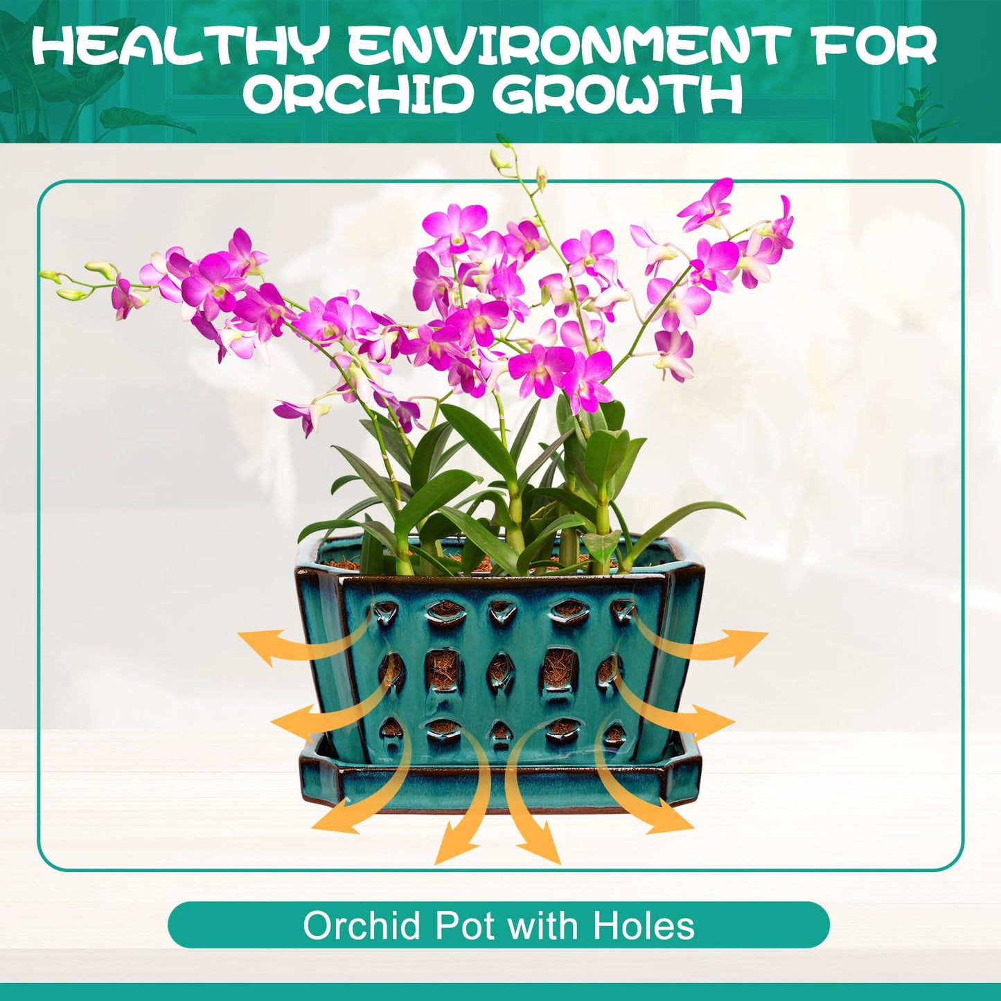 Teenyyou 1 Set Orchid Pot with Holes 7 Inch Ceramic Orchid Pot with Saucers for Repotting Amaryllis Flower Planter Include Gardening Shovel Set and Gloves for Home Decor(Green)
