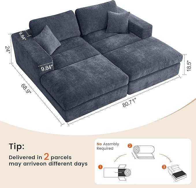 80.7" Oversized Double Chaise Lounge Chair Indoor, Cloud Boneless Sleeper Sofa